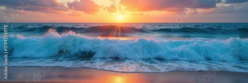Vast, deep blue ocean waves crashing on a sandy shore at sunset The powerful rhythm of the ocean is captivating and serene Perfect for travel, nature, or environmental themes , current, ecology