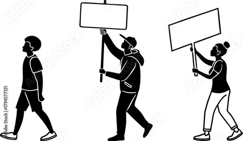 Minimalist Black Silhouette Activists Holding Protest Signs  