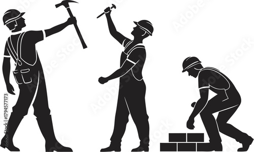 Minimalist Black Silhouette Construction Workers on Site  
