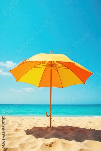 Vibrant beach umbrella providing shade on a sunny day, casting a shadow on the golden sand Perfect for summer vacation imagery or travel brochures , pink, protection, teal