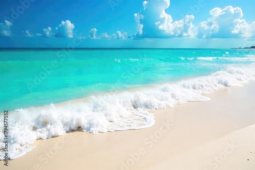 Vibrant turquoise ocean waves crashing on a pristine white sand beach, sunny skies overhead  Perfect for spring break travel brochures or vacation-themed websites , ocean,  vacation