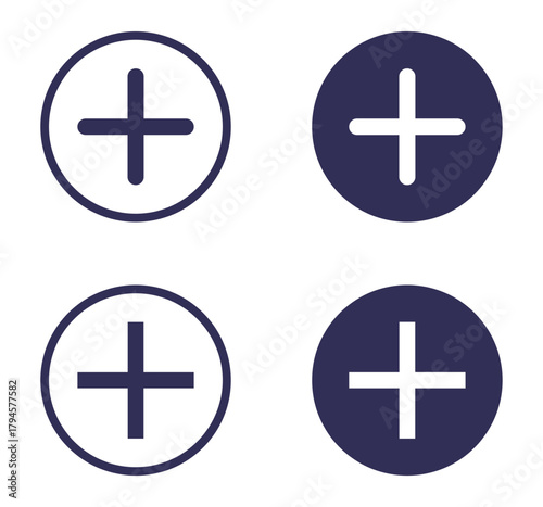 Set of Add icon or plus sign on white background.