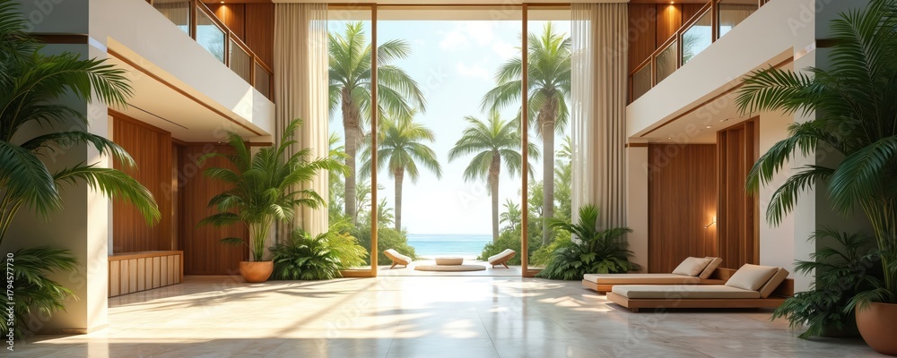 Fototapeta premium Luxurious modern hotel lobby interior design. Wide panoramic window shows tropical palm trees, blue ocean. Sunlit spacious resort lounge area with comfortable daybeds, potted plants, high ceilings,