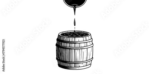 Elegant Still Life: Wooden Barrel & Drops Wine | Clean, isolated vector art for creative projects.