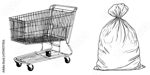 Empty Cart Garbage Bag: Tale Shopping Woes | Clean, isolated vector art for creative projects.
