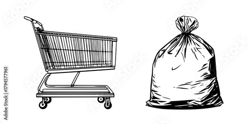 classic shopping cart, bag discarded items solitude consumerism | Clean, isolated vector art for creative projects.