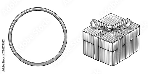 classic black white illustration gift box ring outline | Clean, isolated vector art for creative projects.