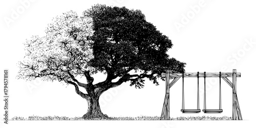 Silhouette Solitude: Tree Swingset Countryside | Clean, isolated vector art for creative projects.