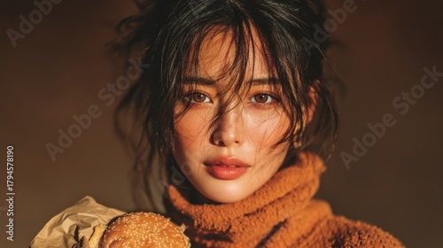 Young Asian model eating a snack in an editorial setting with a monochromatic background and contemporary aesthetic