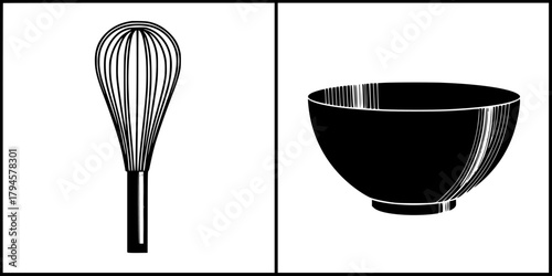 Essential Kitchen Tools - Whisk, Bowl, Spatula | Clean, isolated vector art for creative projects.