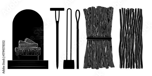 vintage black white illustration classic fireplace tool set. | Clean, isolated vector art for creative projects.