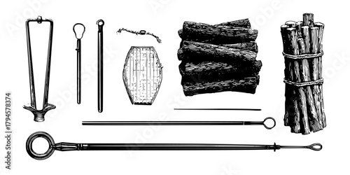 Timeless Tools Hearth: Fireplace Essentials | Clean, isolated vector art for creative projects.