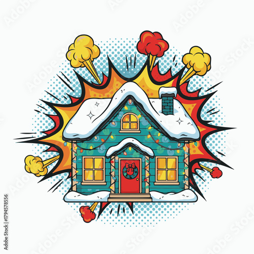 Colorful cartoon house with Christmas lights and explosive design  