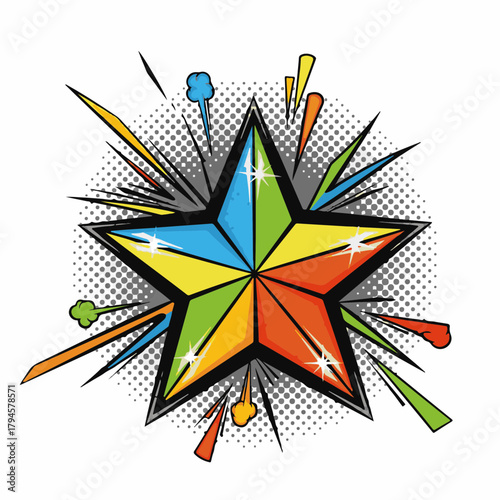 Colorful starburst graphic in pop art style with dynamic elements  