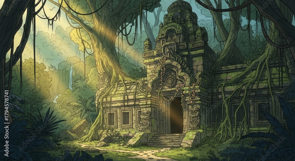Fototapeta premium Ancient Temple Hidden in Lush Jungle with Sunlight Rays