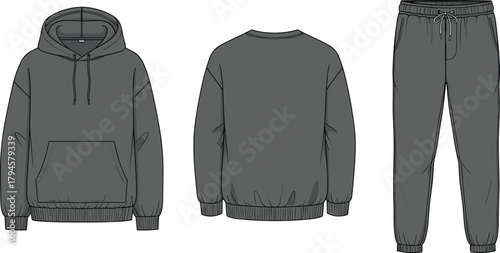 Cad drawing flat vector illustration of hoodie and jogger apparel set showcasing front and back technical sketch for fashion design