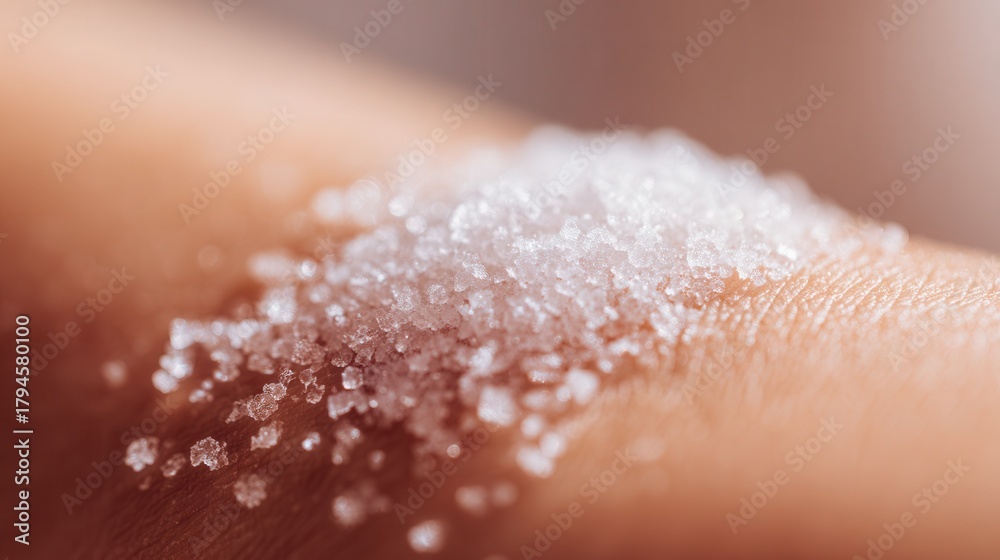 Fototapeta premium Macro view of salt crystals on skin during exfoliation treatment, symbolizing skincare, beauty, and wellness, soft natural lighting, realistic textures, shallow depth of field.