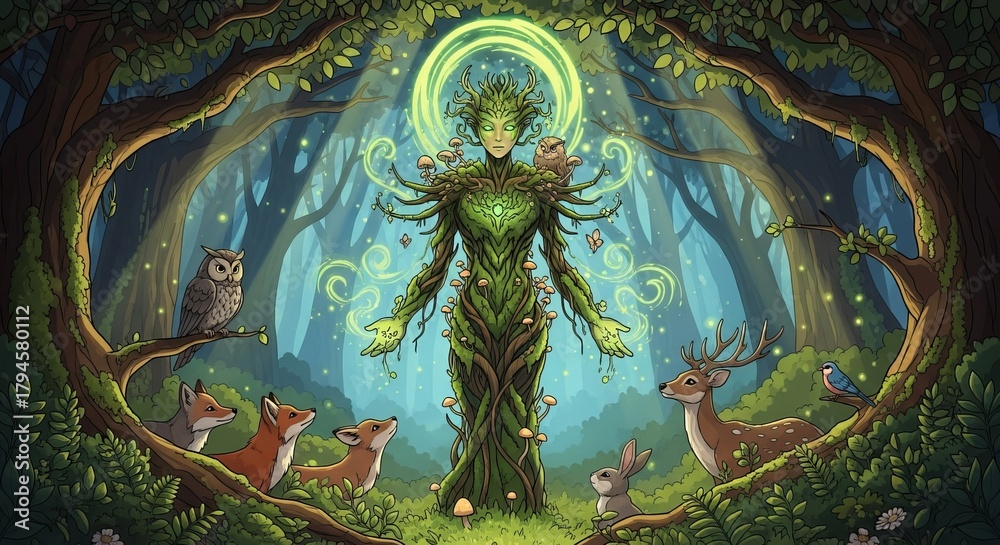 Obraz premium Enchanted Forest Guardian with Animals in Magical Green Setting