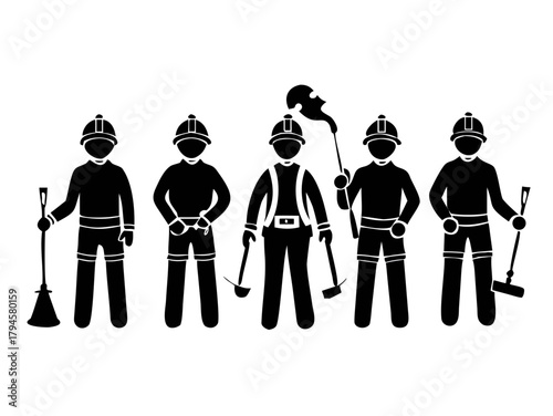 Set of firefighter with equipment silhouette vector on white background
