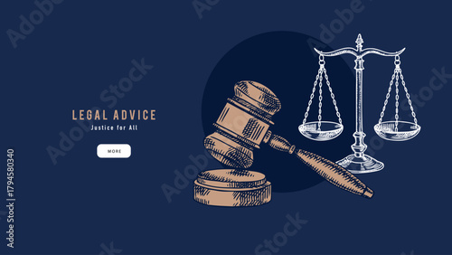 Sketch judicial law background. Court, justice, rights, artificial intelligence regulation, notary service, mediation center, arbitration concept. Engraved hand drawn vector illustration.