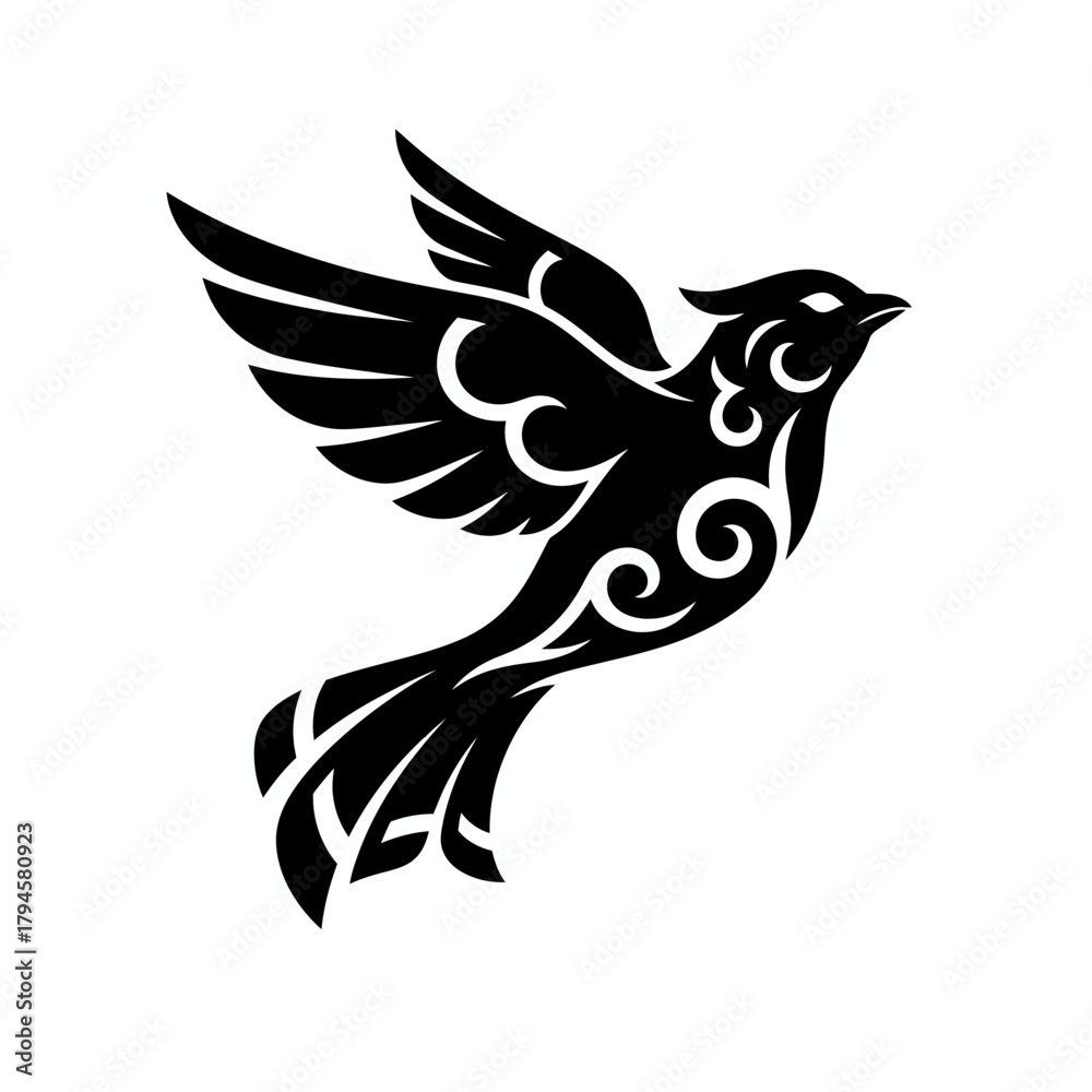 Obraz premium Black stylized bird in flight with intricate scrollwork patterns.