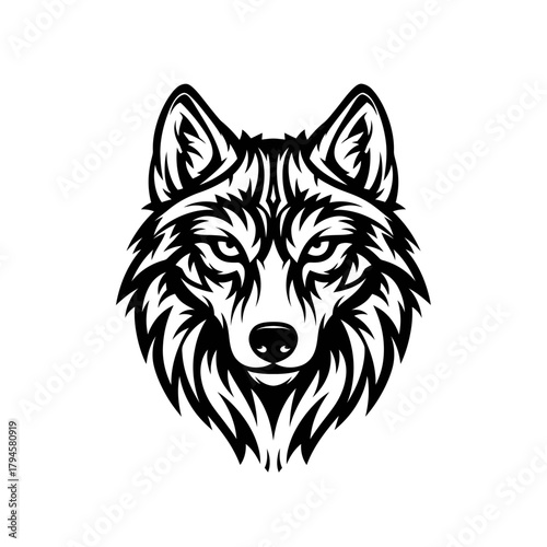 Detailed black and white stylized illustration of a wolf's head, facing forward with intricate fur and fierce expression, suitable for a logo or graphic design.