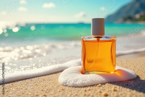 A bottle of summer cologne on a sun-drenched beach, waves gently lapping the shore, conveying a feeling of freedom and escape , aromatic, perfume