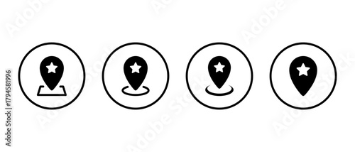 Map pin with star icon in circular outline. Favorite destination and location marker symbol