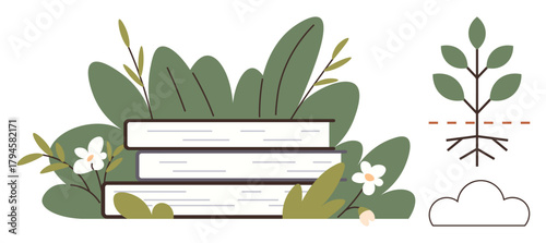 Stacked books surrounded by greenery, flowers, tree branch with roots. Ideal for education, sustainability, growth, ecology, knowledge environment learning. Simple flat metaphor