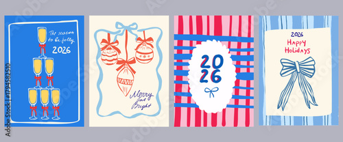 Set of Christmas greeting cards and party invitations in hand drawn vintage style, gifts, la dolce vita,  Christmas tree, candles, bows and champagne in pink, red, green and blue colors, 