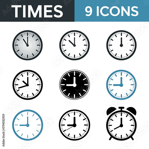 Set of nine clock icons showing different times