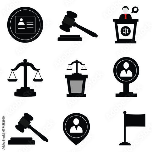 Justice and Law Icon Set – Minimal Line and Silhouette Symbols Featuring Scales, Gavel, Courthouse and Liberty