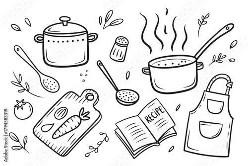 Hand drawn kitchen utensils and ingredients
