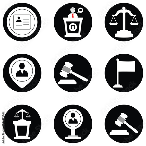 Justice and Law Icon Set – Minimal Line and Silhouette Symbols Featuring Scales, Gavel, Courthouse and Liberty