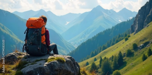 A lone hiker's backpack sits on a moss-covered rock overlooking a breathtaking mountain vista, embodying the spirit of adventurous exploration in the wilderness , rugged, rock