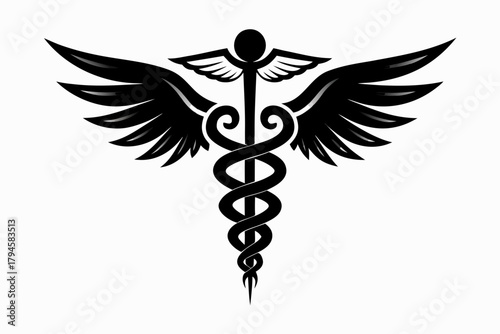 Caduceus medical symbol vector illustration with snake wings and healthcare icon