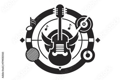 Electric guitar vector illustration on white background with musical instrument elements