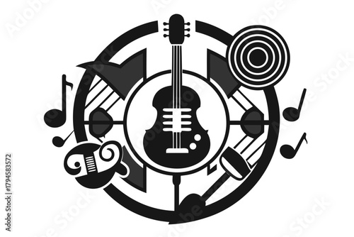 Guitar and musical instruments vector illustration with music symbols and icons