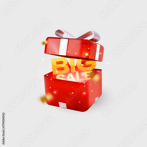 Big sale text coming out of a gift box. 3D illustration of a surprise gift