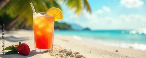 A refreshing beverage sits on a beach, palm trees swaying gently in the background, embodying a carefree, cool summer lifestyle , coastal, horizon, sunlight