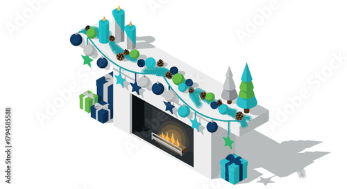 Festive isometric christmas mantel with decorations and gifts