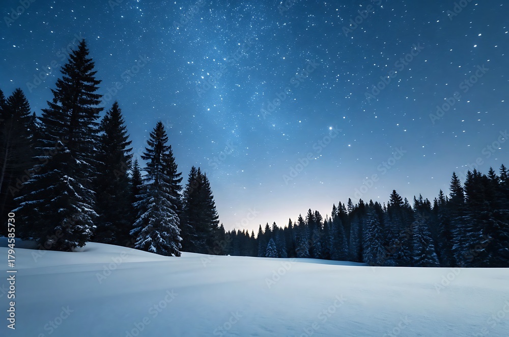 Fototapeta premium Starry winter night sky over snowy forest with tall fir trees
