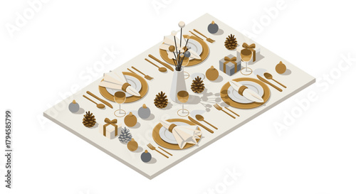 Elegant isometric holiday table setting with gifts and decorations in neutral tones