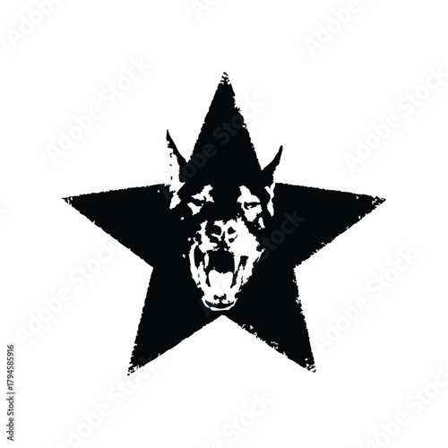 Black and white illustration of a fierce doberman dog head with a black star background shape in retro vintage punk style