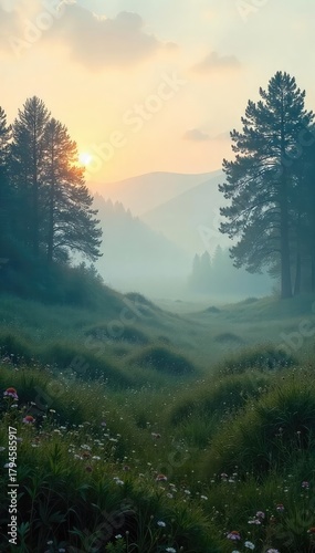 A serene landscape bathed in the quiet hush of dawn Mist hangs low, revealing the subtle beauty of untouched nature Perfect for themes of peace, tranquility, and contemplation , tranquil, quiet