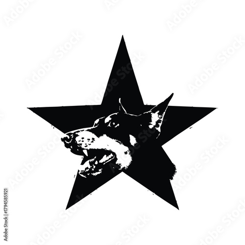 Black and white illustration of a fierce doberman dog head with a black star background shape in retro vintage punk style