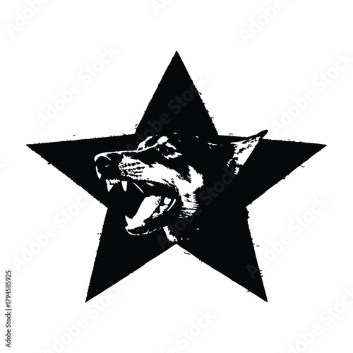 Black and white illustration of a fierce doberman dog head with a black star background shape in retro vintage punk style