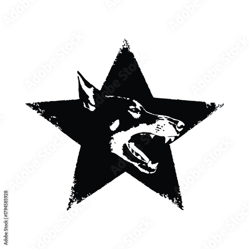 Black and white illustration of a fierce doberman dog head with a black star background shape in retro vintage punk style
