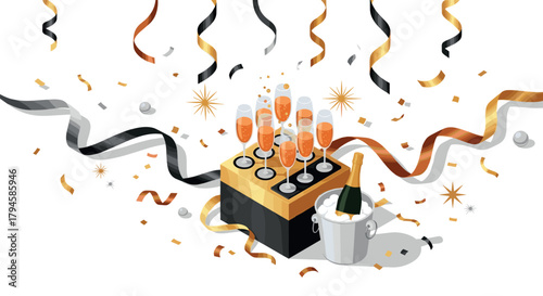 Celebration scene with champagne and confetti in isometric style