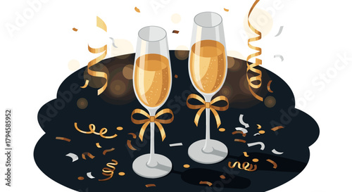 Elegant champagne celebration with confetti and glittering ribbons in festive setting